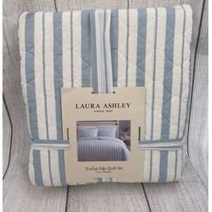 Laura Ashley Scallop Edge Quilt Set Full/Queen Blue White Striped Feminine Cozy